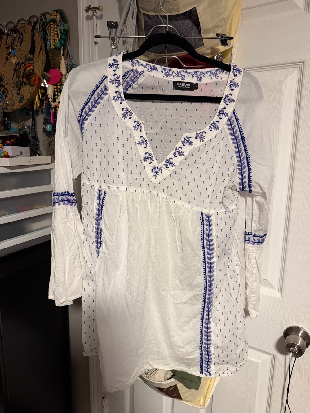 Peasant-Style White Tunic with Blue Embroidery by Pull&Bear